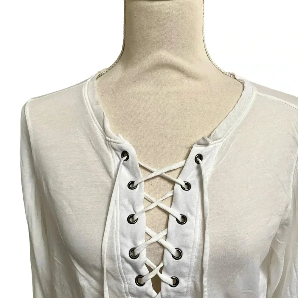 NSF White Lace Up Cotton Long Sleeve Lola Tee Top Small - Picture 3 of 13